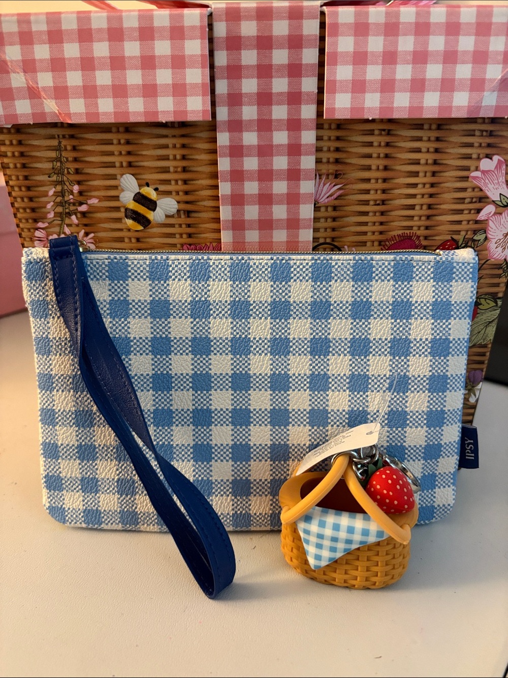 Bath & Body Works Blue and White Gingham Wristlet Clutch